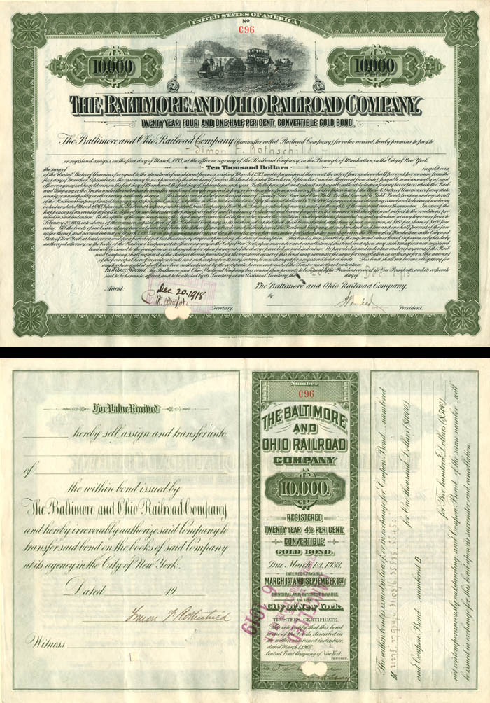 Baltimore and Ohio Railroad Co. Issued to and Signed by Simon Rothschild